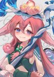  1girl absurdres animal_ears antlers bare_shoulders bead_necklace beads blue_eyes blush breasts closed_mouth gem hair_between_eyes hair_ornament highres holding holding_wand horse_ears jewelry league_of_legends lillia_(league_of_legends) long_hair momikodayo necklace redhead shan_hai_scrolls_lillia simple_background small_breasts smile solo upper_body wand white_background 