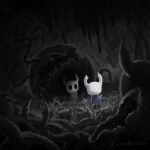  1other artist_name cape cave cloak dark from_behind full_body grey_cloak highres hollow_eyes hollow_knight horns jamesbbarrow knight_(hollow_knight) nail_(hollow_knight) no_humans reflection standing underground weapon 