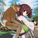  1girl blade blue_sky blunt_bangs brown_hair bubbacterial clouds cloudy_sky day feet_out_of_frame frown headgear highres japanese_clothes kimono long_sleeves looking_at_viewer looking_back monkey motor_vehicle motorcycle obi on_motorcycle outdoors palm_tree pleated_skirt proboscis_monkey purple_skirt red_eyes sash short_hair short_twintails skirt sky solo sweat sweating_profusely touhoku_kiritan tree twintails voiceroid white_kimono wide_sleeves 