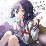  1girl aoi_saki_(senpai_wa_otokonoko) bag black_eyes black_hair blue_sailor_collar blue_skirt closed_eyes commentary_request envelope floating_hair hair_between_eyes kneehighs knees_up long_sleeves medium_hair multicolored_eyes petals pomu sailor_collar school_bag school_uniform senpai_wa_otokonoko serafuku skirt socks solo white_serafuku wind 