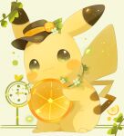  :3 blush_stickers brown_eyes closed_mouth commentary_request food fruit highres holding holding_food holding_fruit no_humans orange_(fruit) orange_slice pikachu plant pokemon pokemon_(creature) smile solo ushiina vines white_background 