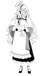  1girl akane_(blue_archive) apron blue_archive breasts closed_eyes closed_mouth dress eyelashes frilled_apron frilled_dress frills full_body glasses gloves greyscale hair_between_eyes halo highres kawatiw large_breasts long_hair long_sleeves maid maid_headdress monochrome shawl simple_background solo standing very_long_hair 