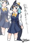  1girl alternate_costume alternate_hairstyle b0b_kemo black_hair blonde_hair blowhole blue_dress blue_eyes blue_hair blush bow bowtie cetacean_tail common_dolphin_(kemono_friends) cowboy_shot dolphin_girl dorsal_fin dress fins fish_tail hair_ornament hairclip kemono_friends long_sleeves looking_at_viewer multicolored_hair pleated_dress ponytail shirt short_hair socks solo tail translation_request v white_shirt white_socks yellow_bow yellow_bowtie 