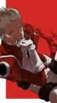  1boy closed_mouth eva_7474 gloves grey_eyes hand_up jacket long_sleeves looking_at_viewer male_focus millions_knives mole mole_under_eye pants red_background red_jacket short_hair smile solo trigun trigun_stampede white_gloves white_hair white_pants 