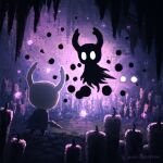  artist_name bug candle cape cave cloak floating from_behind full_body highres holding holding_weapon hollow_knight horns jamesbbarrow knight_(hollow_knight) nail_(hollow_knight) no_humans shade_(hollow_knight) standing weapon 