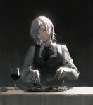  1girl absurdres chainsaw_man champi cup drinking_glass earrings expressionless fami_(chainsaw_man) food fork highres holding holding_fork holding_knife jewelry knife looking_at_viewer mole mole_under_eye mole_under_mouth red_eyes ringed_eyes school_uniform short_hair solo white_hair wine_glass 