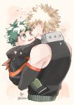  2boys 42o7i5iii aged_down bakugou_katsuki bare_shoulders black_hoodie blonde_hair boku_no_hero_academia carrying child closed_mouth cropped_torso freckles green_eyes green_hair hand_on_another&#039;s_face highres hood hood_down hoodie long_sleeves looking_at_another male_child male_focus midoriya_izuku multiple_boys open_mouth protected_link red_eyes short_hair simple_background smile spiky_hair twitter_username upper_body 