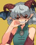  1girl bare_shoulders breasts covered_collarbone curly_hair earrings grey_hair grin hand_up highres horns jewelry looking_at_viewer pointy_ears raised_eyebrow red_eyes sharp_teeth short_hair simple_background small_breasts smile solo take_no_ko_(4919400) teeth touhou toutetsu_yuuma upper_body yellow_background 