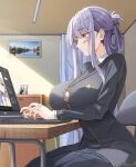  1girl artist_name black_jacket black_skirt blush breasts chair collared_shirt commentary commission commissioner_upload computer covered_navel drawer emblem folded_ponytail from_side grey_hair highres index_(toaru_majutsu_no_index) indoors jacket jewelry keenh keyboard_(computer) laptop large_breasts long_hair looking_at_screen mixed-language_commentary necklace original picture_(object) picture_frame pleated_skirt portrait_(object) school_uniform shidarezakura_school_uniform shirt sidelocks signature sitting skirt solo soul_gem swept_bangs toaru_kagaku_no_railgun toaru_majutsu_no_index typing violet_eyes wooden_desk 