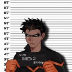  1boy anger_vein angry batman_(series) bodysuit calladraws1 clenched_teeth damian_wayne dc_comics domino_mask english_commentary english_text gloves height_chart highres holding holding_sign looking_at_viewer male_child male_focus mask mugshot orange_gloves robin_(dc) sign solo teeth 