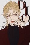  1boy black_nails black_shirt blonde_hair character_name dio_brando ear_piercing earrings eyeshadow fingernails formal gold_earrings hagiko15 highres jewelry jojo_no_kimyou_na_bouken looking_at_viewer makeup male_focus nail_polish piercing red_eyes red_eyeshadow red_suit ring sharp_fingernails shirt short_hair signature simple_background solo stardust_crusaders suit upper_body white_background 