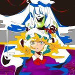  2girls 3ma_can_omochi abstract alternate_eye_color behind_another blonde_hair blue_eyes blue_hair bow bowtie collared_shirt colored_inner_hair commentary_request covered_eyes detached_arm disembodied_eye floating_hair hair_over_eyes hands_on_another&#039;s_face hat highres light_smile long_hair low_tied_sidelocks maribel_hearn mob_cap multicolored_eyes multicolored_hair multiple_girls multiple_sources open_mouth parted_lips puffy_short_sleeves puffy_sleeves purple_shirt red_bow red_bowtie red_eyes shirt short_hair short_sleeves sidelocks straight-on touhou upper_body very_long_hair white_eyes yakumo_yukari 