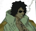  1boy aramaki_(ryokugyu) bake_ryori black_hair chest_tattoo cigarette coat coat_on_shoulders curly_hair epaulettes high_collar highres muscular muscular_male one_piece open_clothes open_mouth portrait short_hair simple_background smoking sunglasses tattoo white_background 