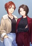  2girls bintaptyo black_hair black_shirt bow breasts brown_eyes brown_hair closed_mouth collarbone cowboy_shot crossed_arms denim earrings fur-trimmed_jacket fur_trim green_eyes grey_background hand_in_pocket hoop_earrings idolmaster idolmaster_cinderella_girls idolmaster_cinderella_girls_starlight_stage jacket jacket_on_shoulders jewelry kiba_manami large_breasts long_sleeves looking_at_viewer multiple_bracelets multiple_girls necklace off_shoulder open_clothes open_jacket pants print_shirt purple_nails red_bow red_jacket red_pants shirt short_hair simple_background smile solo standing togo_ai waist_bow zipper 