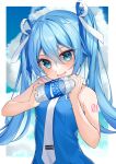  1girl absurdres aqua_nails bare_arms bare_shoulders blue_eyes blue_hair blue_ribbon blue_shirt blue_sky blush border bottle breasts clouds cloudy_sky collared_shirt commentary hair_between_eyes hair_ribbon hatsune_miku highres holding holding_bottle long_hair necktie number_tattoo open_mouth outside_border pocari_sweat ribbon ryaru_ryaru shirt shoulder_tattoo sky sleeveless sleeveless_shirt small_breasts smile solo tattoo twintails two-tone_ribbon upper_body vocaloid water_bottle white_border white_necktie white_ribbon 