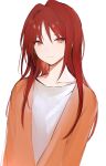  1girl closed_mouth collarbone hair_between_eyes jacket long_hair looking_at_viewer lpip open_clothes open_jacket orange_jacket original red_eyes redhead shirt simple_background smile solo upper_body very_long_hair white_background white_shirt 