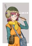  1girl absurdres artist_request bag belt blue_eyes chrono_trigger glasses helmet highres looking_at_viewer lucca_ashtear open_mouth purple_hair scarf short_hair shoulder_bag solo weapon 