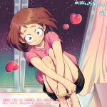  1girl bare_legs barefoot blush boku_no_hero_academia brown_eyes brown_hair closed_mouth commentary_request curtains eyelashes floating heart highres indoors knees levitation mongz partial_commentary pink_shirt shirt short_sleeves shorts solo uraraka_ochako watermark window 