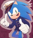  1boy animal_ears animal_nose blue_jacket buttons commentary_request furry furry_male gloves green_eyes hat highres index_finger_raised jacket looking_at_viewer male_focus open_mouth red_footwear shoes show_chiku-by smile solo sonic_(series) sonic_the_hedgehog the_murder_of_sonic_the_hedgehog thumbs_up white_gloves white_headwear 