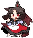  1girl animal_ears barefoot blush brooch brown_hair dress fang full_body imaizumi_kagerou ini_(inunabe00) jewelry long_hair long_sleeves open_mouth red_dress red_eyes simple_background skin_fang smile solo tail touhou two-tone_dress white_background white_dress wolf_ears wolf_tail 