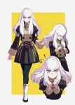  ! 1girl absurdres black_pantyhose black_skirt buttons clenched_hands cropped_torso double-breasted fire_emblem fire_emblem:_three_houses hands_up highres kazo_(kidokazo) long_hair long_sleeves looking_at_viewer lysithea_von_ordelia multicolored_footwear multiple_views own_hands_together pantyhose pout shoes skirt two-tone_background upper_body white_footwear white_hair yellow_background 