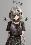  1girl absurdres alternate_costume armlet belt black_belt black_collar black_shirt braid chain collar detached_wings eyepatch flower girls_frontline gothic_lolita grey_hair grey_skirt hair_flower hair_ornament halo hand_up highres iron_maiden_(band) lobsteranian lolita_fashion long_hair looking_at_viewer m16a1_(boss)_(girls&#039;_frontline) m16a1_(girls&#039;_frontline) plaid plaid_skirt scar scar_on_face shirt short_sleeves skirt solo spiked_armlet spiked_collar spikes studded_bracelet wings yellow_eyes 