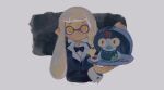  1girl agent_3_(splatoon_3) black_bow black_bowtie black_jacket bow bowtie braid closed_mouth cropped_torso dr_mice grey_hair holding holding_tray inkling inkling_girl jacket little_buddy_(splatoon) long_hair looking_at_viewer orange_eyes pointy_ears salmonid serving_dome side_braid simple_background smallfry_(splatoon) splatoon_(series) splatoon_3 tentacle_hair tray 