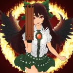  1girl arm_cannon bird_wings black_wings bow breasts brown_hair collared_shirt commentary control_rod cowboy_shot fire green_bow green_skirt hair_bow hanamiya_hisui hand_up long_hair looking_at_viewer medium_bangs medium_breasts miniskirt open_mouth red_eyes reiuji_utsuho ring_of_fire shirt short_sleeves skirt smile solo third_eye touhou weapon white_shirt wings 