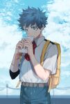  1boy backpack bag belt belt_buckle blue_hair blue_pants blue_sky blurry blurry_background blurry_foreground boku_no_hero_academia bright_pupils buckle closed_mouth clothing_request clouds cloudy_sky collared_shirt commentary film_grain freckles green_eyes grey_belt hakua_(ktdkilu) hands_up highres holding holding_letter letter light looking_at_viewer looking_to_the_side love_letter male_focus midoriya_izuku multiple_scars necktie outdoors pants power_lines red_necktie scar scar_on_arm scar_on_hand school_uniform shade shirt short_hair short_sleeves sideways_glance sky solo standing sunlight u.a._school_uniform upper_body utility_pole wavy_mouth white_pupils white_shirt wing_collar yellow_bag 