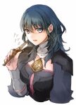  1girl armor blue_eyes breasts byleth_(female)_(fire_emblem) byleth_(fire_emblem) cape cropped_torso fire_emblem fire_emblem:_three_houses grey_cape grey_hair hair_between_eyes holding holding_knife knife long_hair medium_breasts open_mouth robaco shoulder_armor signature simple_background solo straight_hair upper_body white_background 