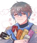  1boy ^_^ artist_name black_sweater blue_hair blue_scarf blush breto_(wen_mu_huo) can closed_eyes closed_mouth commentary earrings energy_drink english_commentary eyewear_strap flower_(symbol) glasses gold_earrings grey_hair grey_jacket hair_between_eyes happy heart highres ike_eveland jacket jewelry long_sleeves male_focus multicolored_hair nijisanji nijisanji_en rockstar_(energy_drink) scarf short_hair signature simple_background smile solo sweater turtleneck turtleneck_sweater upper_body virtual_youtuber white_background 