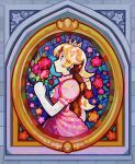  1girl blonde_hair blue_eyes crown dress earrings elbow_gloves eyelashes flower gloves high_collar jewelry long_hair longestdistance looking_up nintendo own_hands_together painting_(object) pink_dress princess_peach profile puffy_short_sleeves puffy_sleeves short_sleeves sidelocks stained_glass star_(symbol) super_mario_64 super_mario_bros. toad_(mario) white_gloves 