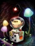  1boy big_nose book brown_hair cave closed_eyes cortoony diary dice english_commentary full_body gloves helmet holding holding_book holding_quill light_bulb looking_at_object looking_down mushroom olimar pikmin_(series) pointy_ears quill radio_antenna red_gloves sitting space_helmet spacesuit writing 