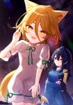  2girls :3 :d animal_ears armor arms_under_breasts blonde_hair blue_dress blue_hair breasts closed_mouth commentary_request dark_blue_hair dress expressionless fangs flat_chest fox_ears fox_tail hair_between_eyes hand_up hat highres iizunamaru_megumu kudamaki_tsukasa leaning_forward long_hair looking_at_another looking_at_viewer medium_breasts multiple_girls nemachi night night_sky open_mouth pauldrons short_hair shoulder_armor single_pauldron sky smile star_(sky) tail tokin_hat touhou white_romper 