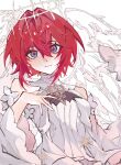  1girl ange_katrina angel_wings bare_shoulders blue_eyes chinese_commentary dress frilled_shirt_collar frills hair_between_eyes hair_intakes halo hand_on_own_chest highres huli_iii123 looking_at_viewer nijisanji redhead short_hair smile solo virtual_youtuber white_dress wide_sleeves wings 