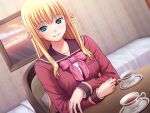  1girl 400 amishiro_anna bed bedroom blonde_hair blue_eyes bow bowtie braid brown_sailor_collar cup dress_shirt dutch_angle game_cg grin hair_between_eyes indoors jacket kanojo_to_kanojo_to_watashi_no_nananichi long_hair long_sleeves looking_at_viewer pink_bow pink_bowtie red_jacket sailor_collar school_uniform shirt sitting smile solo teacup upper_body white_shirt 