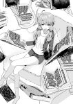  1girl ahoge book casual couch crossed_legs floating floating_book floating_object food food_in_mouth foot_out_of_frame greyscale highres jacket kakan_(amka) monochrome mouth_hold open_book open_clothes open_jacket popsicle shirt short_hair short_shorts shorts socks solo voiceroid yuzuki_yukari 