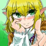  1girl arm_warmers blonde_hair blush braid brown_shirt closed_mouth commentary_request ear_blush fingernails french_braid green_background green_eyes hair_between_eyes hand_on_own_cheek hand_on_own_face head_rest looking_at_viewer medium_bangs mizuhashi_parsee outline pointing pointing_at_viewer pointy_ears rize_muri scarf shirt short_hair short_sleeves smile solo touhou upper_body white_outline white_scarf 