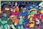  6+boys air_man angry borezet bubble_man clenched_teeth closed_eyes commentary_request covered_mouth crash_man english_text fire flash_man glaring green_eyes heat_man injury male_focus mega_man_(character) mega_man_(classic) mega_man_(series) mega_man_2 metal_man multiple_boys nervous_smile no_humans no_mouth quick_man red_eyes robot smile sweatdrop teeth v wood_man 