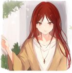  1girl brown_jacket collarbone jacket jewelry long_hair lpip original parted_bangs parted_lips pendant red_eyes redhead shirt solo upper_body very_long_hair white_shirt 