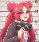  1girl :d aeriiyu barbie_(live_action) black_jacket character_name dress_shirt fang highres holding holding_sign jacket jinx_(league_of_legends) league_of_legends long_hair long_sleeves meme necktie open_clothes open_jacket red_eyes redhead shirt sign smile solo star_guardian_(league_of_legends) star_guardian_jinx striped_necktie teeth tongue twintails upper_body 
