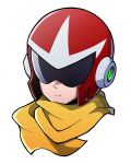  1boy commentary_request helmet highres kys_knn light_frown male_focus mega_man_(classic) mega_man_(series) proto_man robot scarf shade simple_background solo upper_body white_background yellow_scarf 