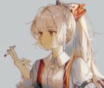  1girl arm_strap bow cigarette closed_mouth commentary fujiwara_no_mokou grey_background hair_bow highres holding holding_cigarette long_hair long_sleeves ponytail red_bow red_eyes simple_background solo suspenders touhou two-tone_bow upper_body white_bow white_hair wooyeowoo 