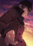  1boy aragaki_shinjirou beanie black_headwear brown_eyes buttons closed_mouth clouds coat evening hair_between_eyes hat isa_(peien516) long_sleeves looking_at_viewer male_focus outdoors persona persona_3 reaching reaching_towards_viewer red_coat sky solo upper_body 