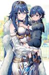  1boy 1girl :o aged_down alternate_costume ameno_(a_meno0) armor armored_dress bare_shoulders belt blue_cape blue_eyes blue_footwear blue_hair blue_shirt blue_shorts breastplate brown_belt cape carrying carrying_person chrom_(fire_emblem) closed_mouth crossed_belts detached_sleeves dress father_and_daughter fire_emblem fire_emblem_awakening fur-trimmed_cape fur_trim hair_between_eyes highres jewelry long_hair lucina_(fire_emblem) male_child see-through shirt shoes short_hair short_sleeves shorts smile tiara time_paradox white_dress white_sleeves 