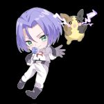  1boy black_background blue_flower blue_rose chibi flower green_eyes highres hinoknd james_(pokemon) morpeko pokemon pokemon_(anime) pokemon_(creature) purple_hair rose 