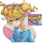  1girl absurdres anger_vein blonde_hair blue_eyes blue_pajamas bubbles_(ppg) buttercup_redraw_challenge_(meme) closed_mouth derivative_work hair_between_eyes highres mato-c meme messy_hair multicolored_background multiple_views pajamas powerpuff_girls single_bare_shoulder sleepy twintails white_background 