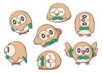  +_+ animal_focus bird black_eyes bright_pupils chueog closed_eyes head_tilt highres looking_at_viewer lying multiple_views no_humans on_side open_mouth pokemon pokemon_(creature) rowlet sleeping tongue white_background white_pupils 