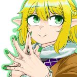  1girl arm_warmers blonde_hair blush braid brown_shirt closed_mouth commentary_request fingernails french_braid green_eyes green_nails green_outline hair_between_eyes looking_up medium_bangs mizuhashi_parsee outline pointy_ears rize_muri scarf shirt short_hair short_sleeves simple_background smile solo steepled_fingers touhou upper_body white_background white_scarf 
