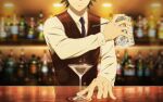  1boy bar_(place) bar_stool bartender bartender_(series) black_hair blurry blurry_background bottle cocktail_glass cup drinking_glass facing_viewer head_out_of_frame highres key_visual long_sleeves necktie official_art promotional_art sasakura_ryuu shirt smile solo stool vest white_shirt 